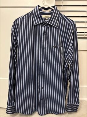 Faconnable Navy and White Vertical-Stripe Dress Shirt
